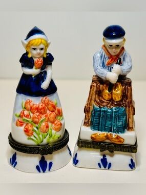 Vintage Delft Blue Handpainted Trinket Boxes Dutch Boy Girl Holland Set